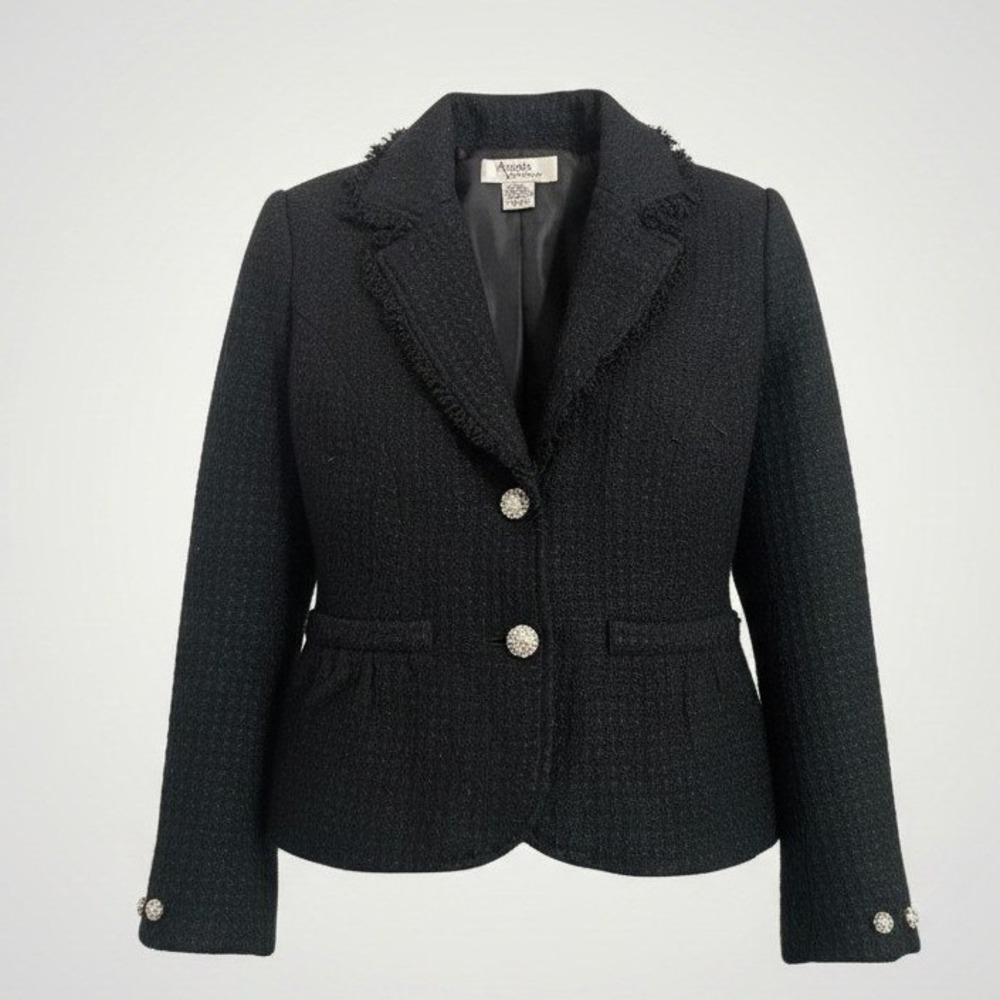 Andrea Viccaro Blazer Vintage Women 6 Black Tweed Fringe Embellished Button Wool
